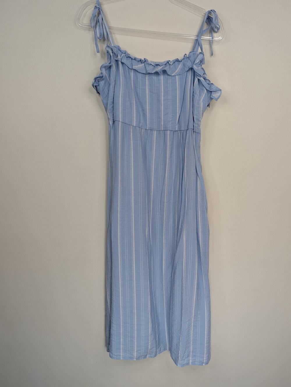 BCBG Paris Dress Womens Large Blue Stripe Midi Tie Strap Ruffle Cottagecore